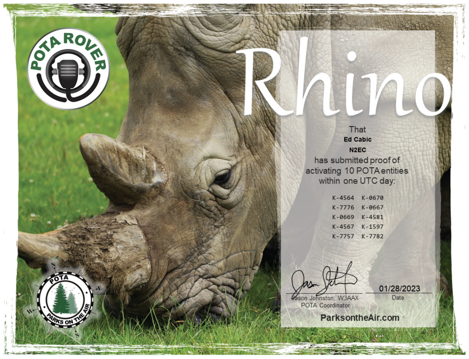 POTA Activations #43, #44, #45, #46, #47, #48, and #49: Getting the Rhino Rover Award with Gersohn – 10 Parks in One Day (VA & MD) (1/30/2023)
